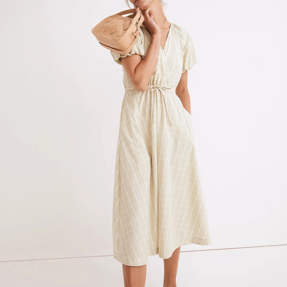 NWOT Madewell Plaid Tie-Waist Midi Dress with pockets